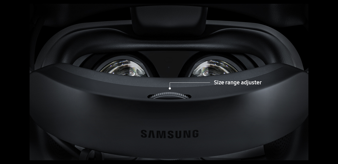 An image showing the magnified rear of a Samsung HMD Odyssey device, with its size range adjuster visible.