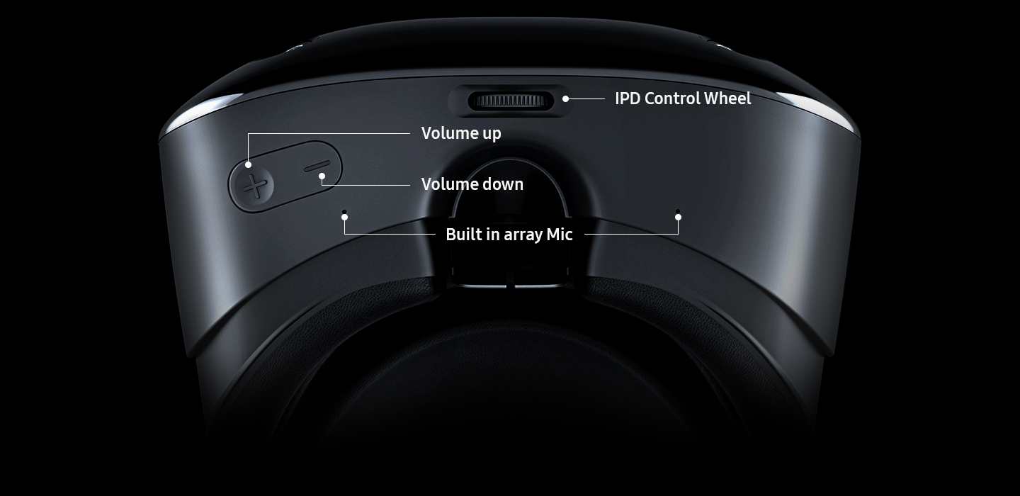 An image showing the magnified bottom view of the Samsung HMD Odyssey with its controls visible, and text that reads "volume up," "volume down", "Built in array Mic" and "IPD Control Wheel."