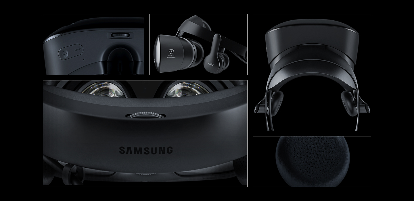 An image showing the magnified bottom view of the Samsung HMD Odyssey, An image showing the left side of the Samsung HMD Odyssey, An image showing the magnified rear of the Samsung HMD Odyssey, An image showing a magnified headphone cushion section of the Samsung HMD Odyssey, and An image showing a view of the Samsung HMD Odyssey from above.