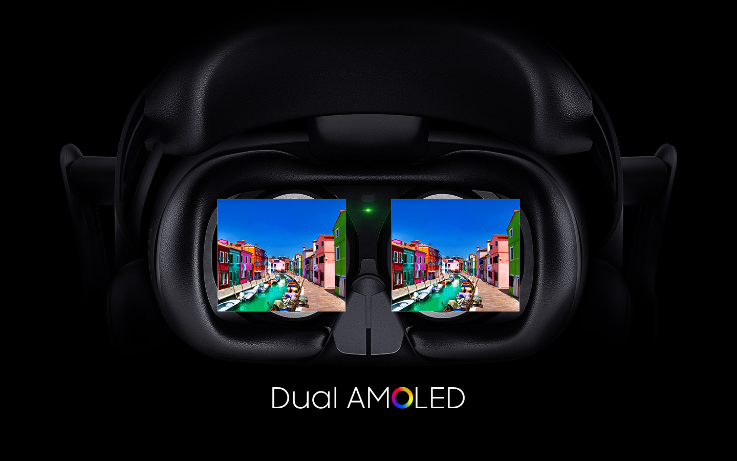 An image showing the device's front, the part attached to a user's eyes when worn, moving from the top to botton and colorful images appearing on its two lenses with a dual Amoled logo shown at the bottom of the image.