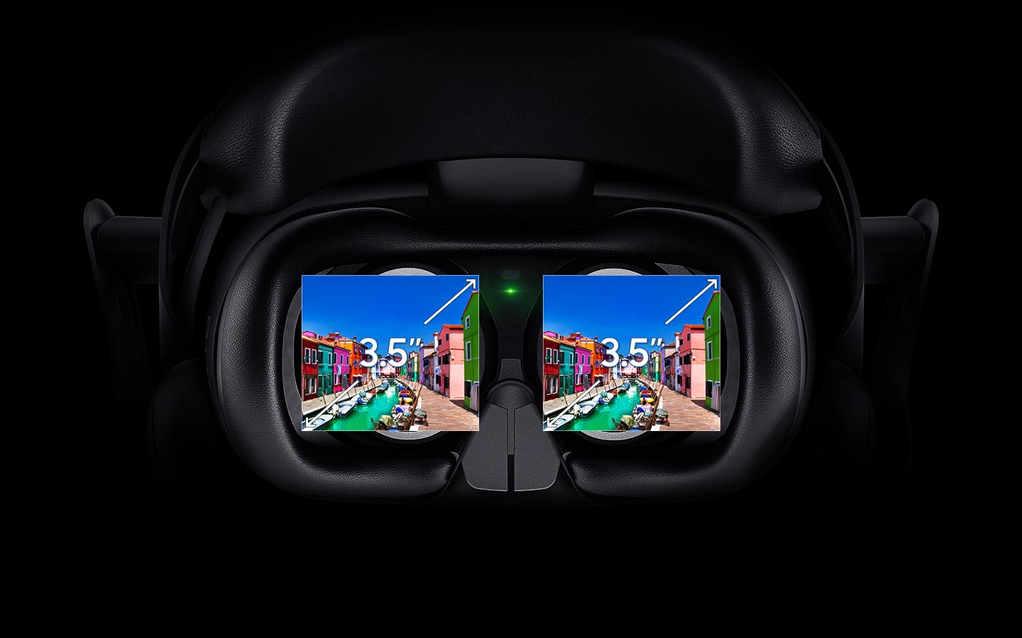 An image showing a Samsung HMD Odyssey device,  magnified with text  that reads 2.89". This figure increases to 3.5", which is shown with diagonal arrows on its display. 