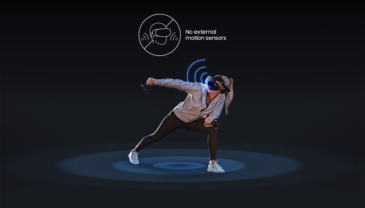 An image showing a woman in sportswear wearing the Samsung HMD Odyssey, and waves coming from a sensor above her. After the waves vanish, they reappear beneath her feet and in front of the device. 