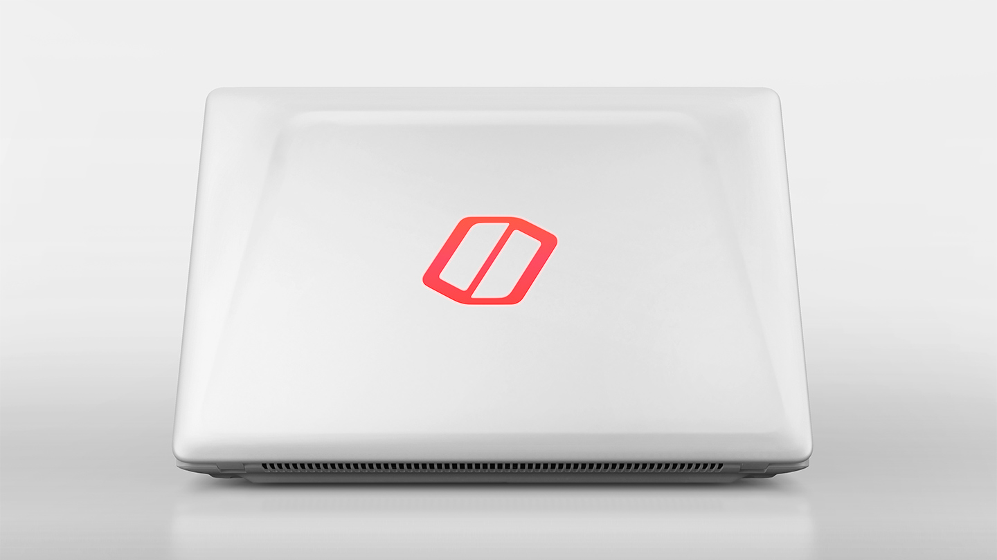 An image showing the logo on the Samsung Notebook Odyssey's top illuminates with red light.