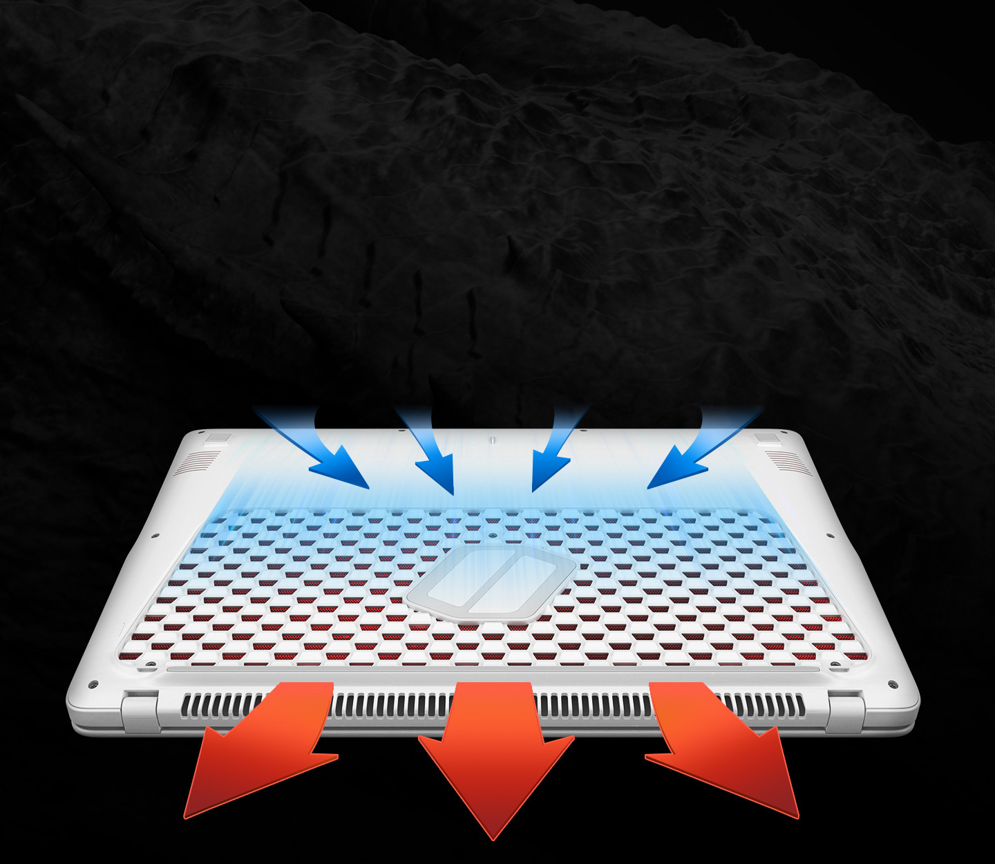 An image of an Samsung Notebook Odyssey device’s bottom facing upwards, showing how it absorbs cool air and emits hot air, using arrow graphics