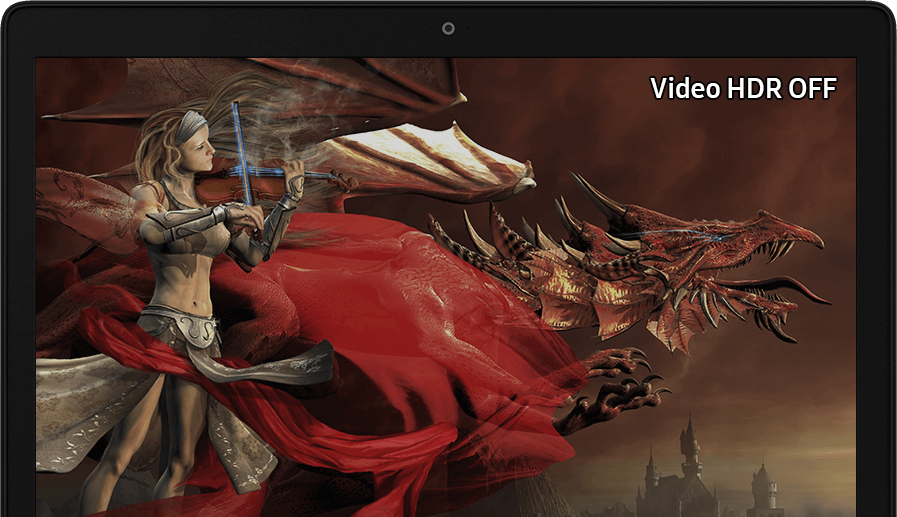 Video HDR is turned off with an image of a female musician and a dragon on a black Samsung Notebook Odyssey screen.