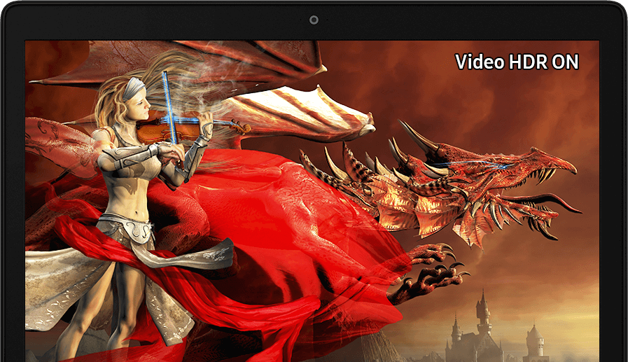 Video HDR is turned on with an image of a female musician and a dragon on a black Samsung Notebook Odyssey screen.