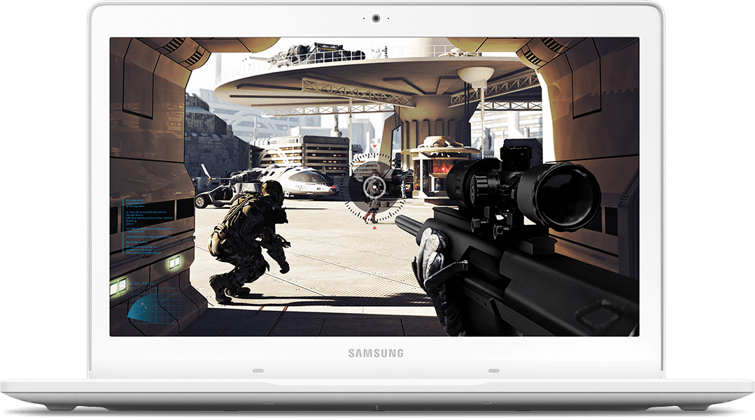 An image showing fps gameplay on a white Samsung Notebook Odyssey device's screen 