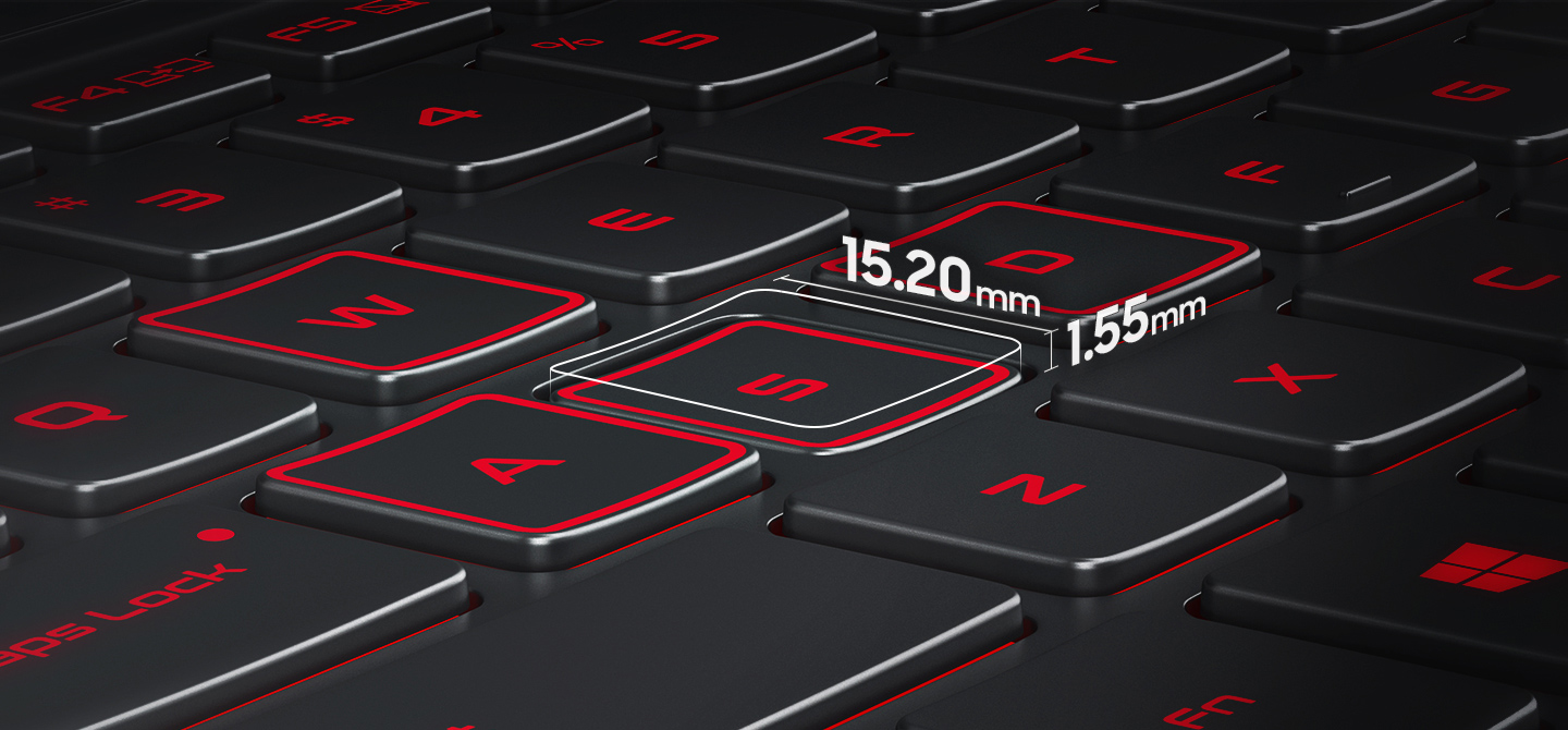 A magnified image showing the Odyssey Z's keyboard, indicating the dimensions of its S key: 15.20mm in length and 1.55mm in height.