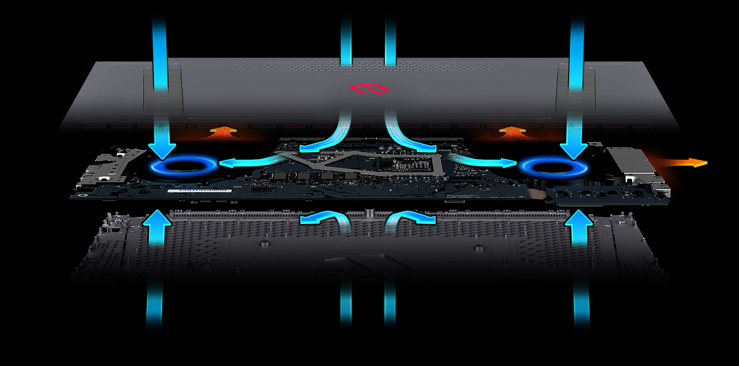 Part of the Odyssey Z’s keyboard disassembled, showing air flowing in from outside the device to the device’s inner workings.