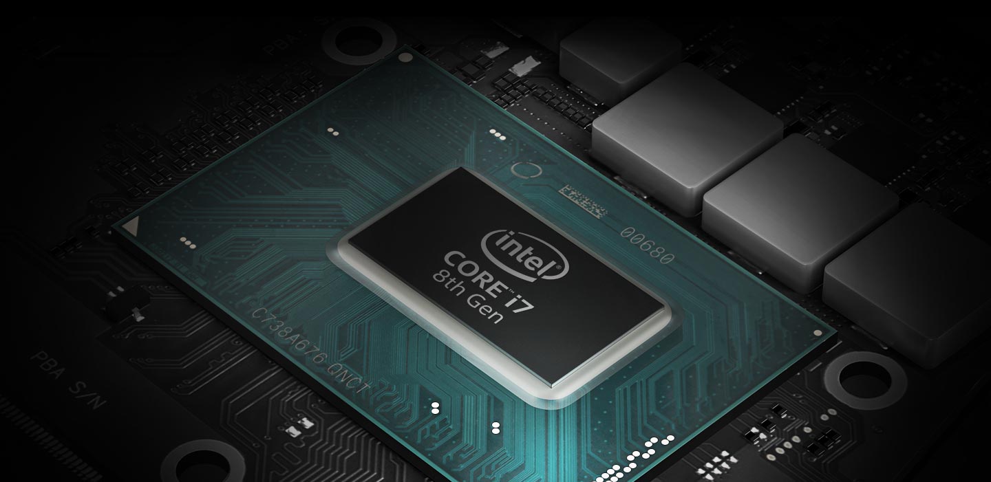 An image showing a CPU core and a graph above it that indicates the performance figures for 8th-Gen Intel® Core™ Processor and 7th-Gen Intel® Core™ Processor (123% and 100% respectively). It shows that the former features 23% higher performance than the latter.