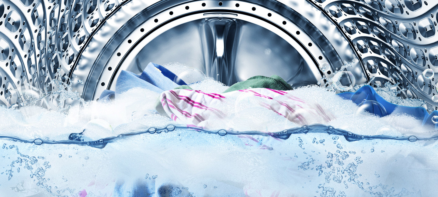 An image showing the inside of the machine's drum, as the bubble soak function removes stains from clothes.